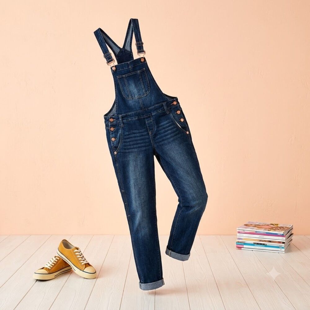 LEI Womens Small Dark Wash Denim Skinny Cropped Bib Overalls Rolled Cuff
